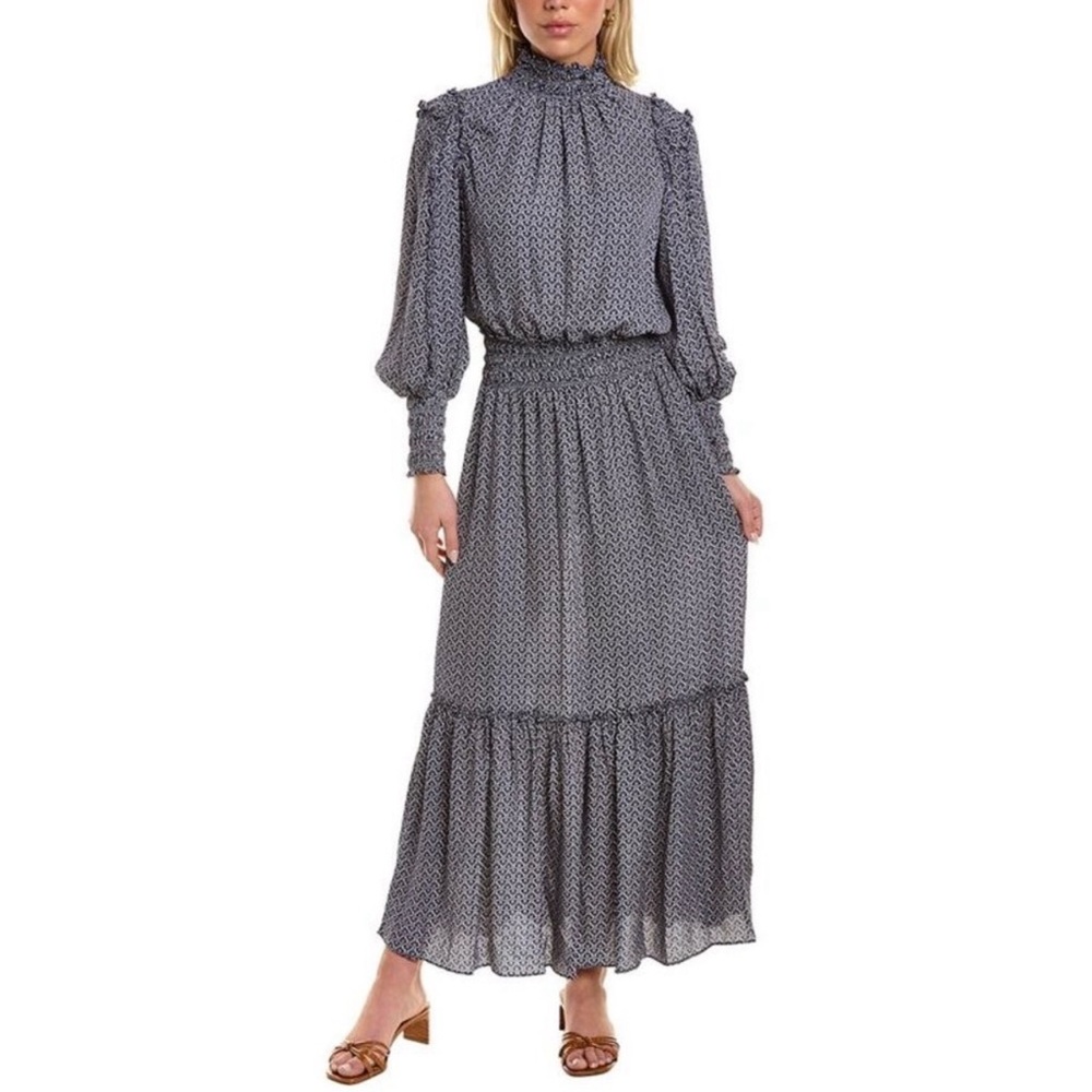Max Studio Long Sleeve High Neck Smocked Puff Sleeve Maxi Dress Size Small NWT